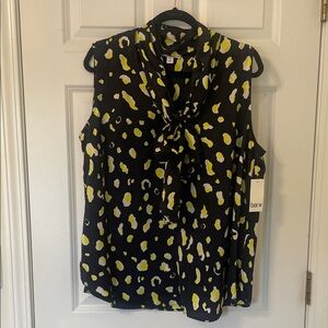 Bar III Women's Navy and Bright Yellow Animal Print Bow Shell Blouse 2X NWT